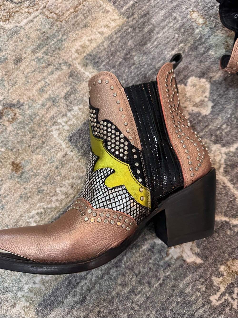 Women's Metallic Bronze Western Ankle Boots with Lime Accent - Picture 5 of 7